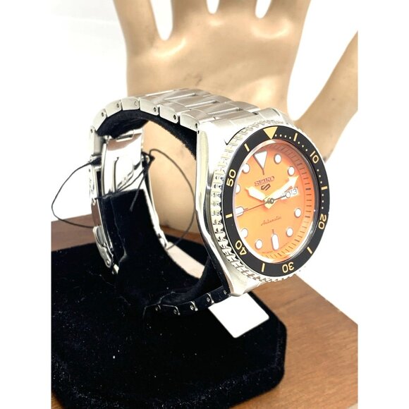 Seiko 5 Men's Watch SRPD59 Automatic Orange Dial Day Date Silver Stainless Steel - Picture 15 of 15
